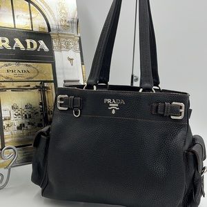 Authentic Prada Black Leather Shoulder Bag with Brown Trim - EUC